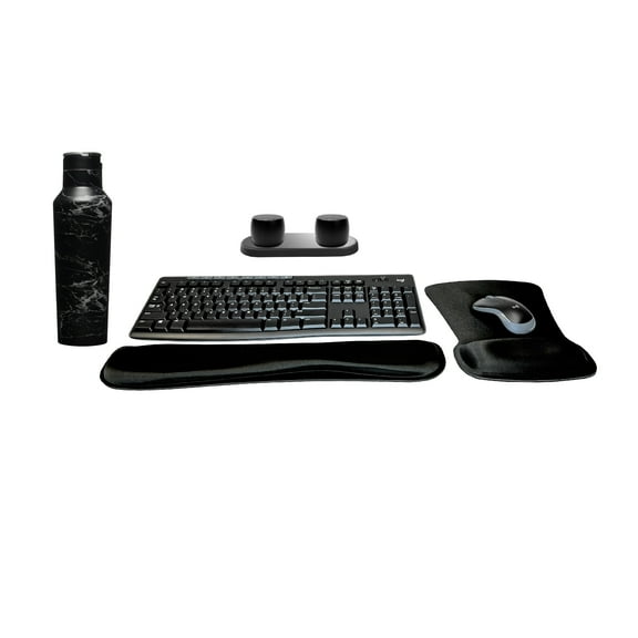 Logitech MK270 Wireless Keyboard & Mouse Combo Travel Home Office Modern Bundle with Set of 2 Pro Portable Wireless Bluetooth Speakers, Charging Tray, Gel Wrist Pad, Gel Mouse Pad & 20 oz. Canteen