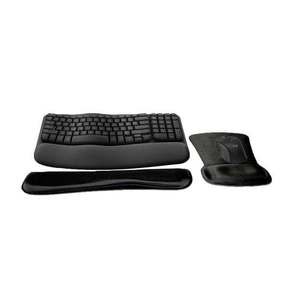 Logitech MK670 Comfort Wave Wireless Keyboard & Mouse Combo Home Office Active Lifestyle Must-Have Modern Bundle with Mini Glam Portable Wireless Bluetooth Speaker, Gel Wrist Pad & Gel Mouse Pad