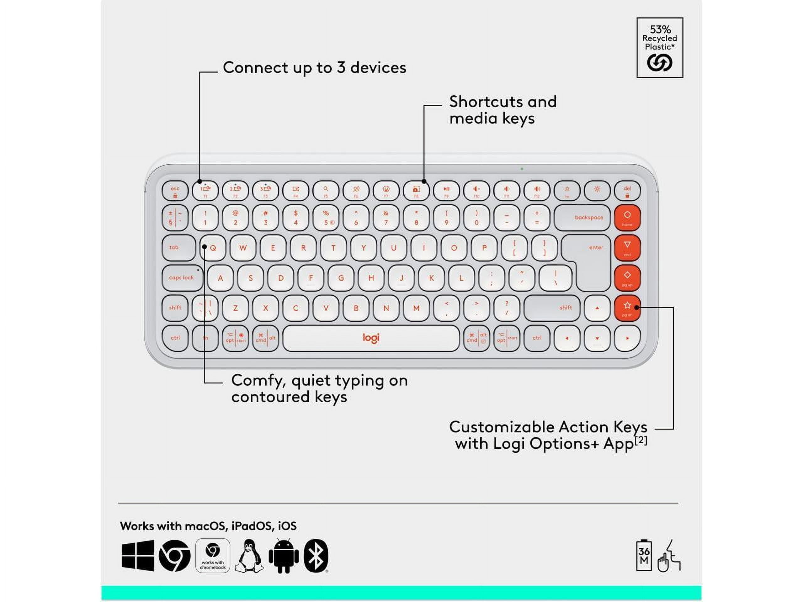 Logitech POP Icon Combo Keyboard \u0026 Mouse - Wireless Bluetooth 5.1 Keyboard - Off White, Orange - Wireless Bluetooth Mouse - 4 Button - Scroll Wheel - Off White, Orange - Easy Switch Hot Key(s) - AA...