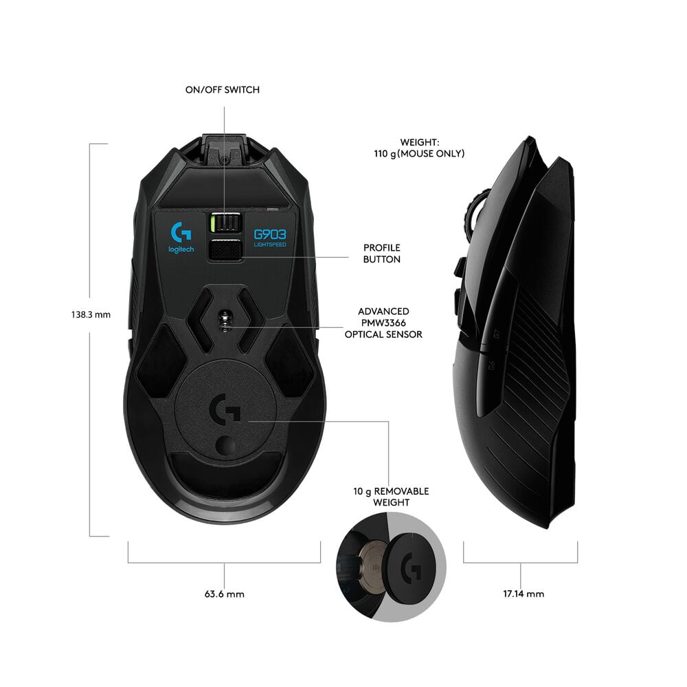 Logitech G903 LIGHTSPEED Wireless Gaming Mouse with HERO Sensor, OB