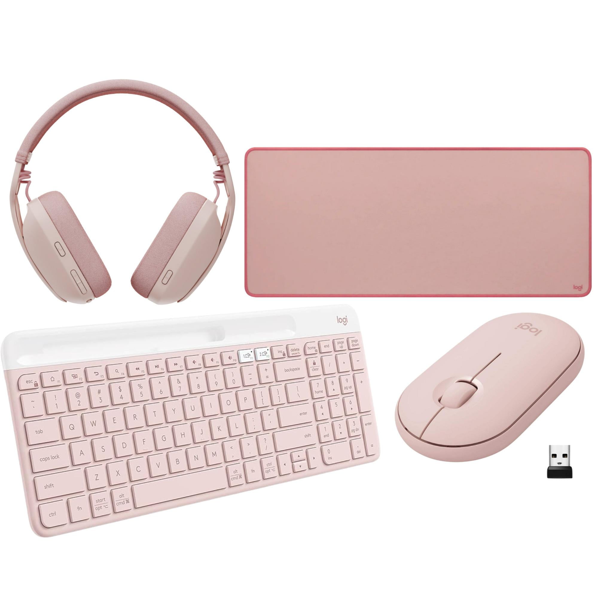 Logitech Zone Vibe 100 Over-Ear Headphones (Rose) w/Keyboard and Desk Mat  Bundle