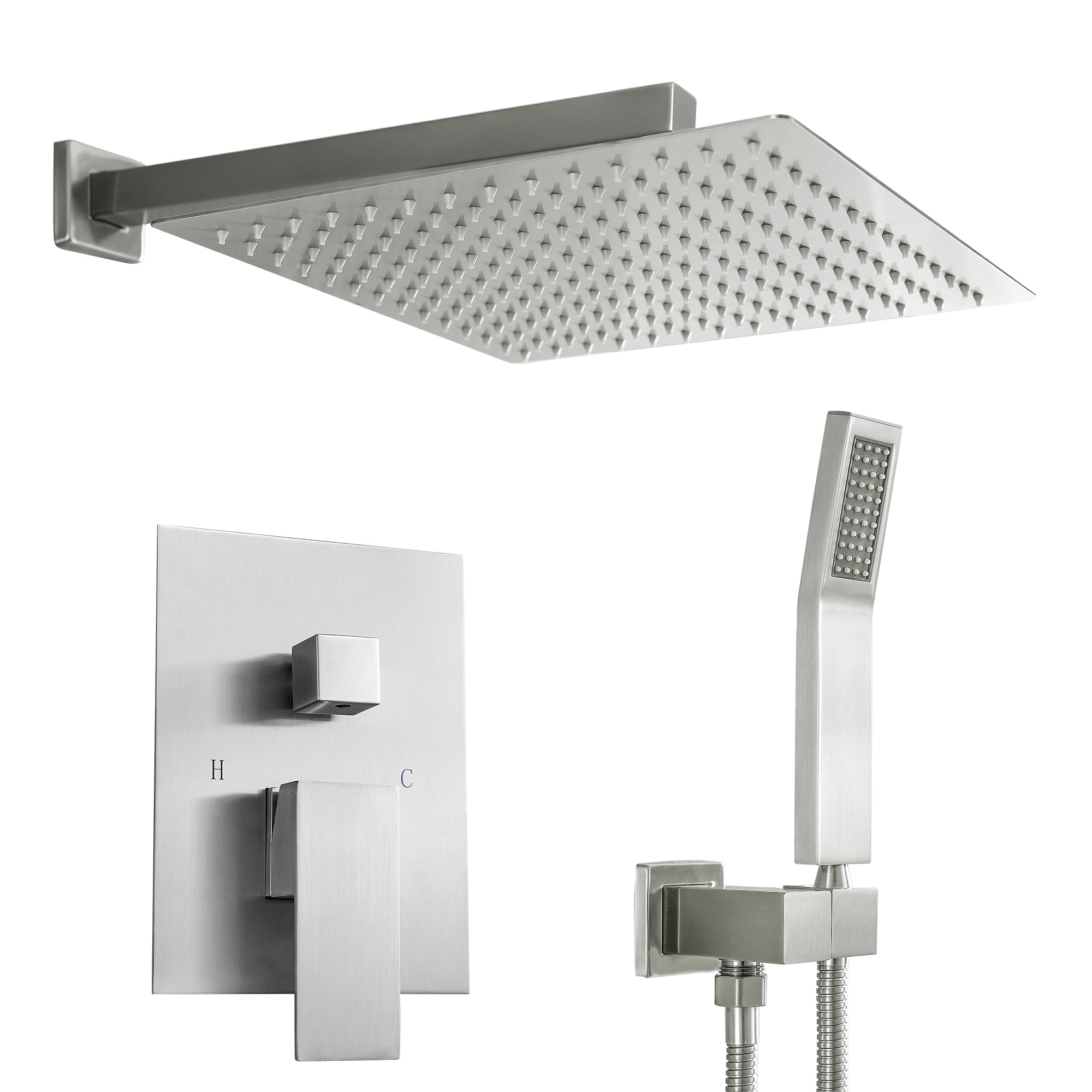 Logmey 10" Wall Mounted Pressure Balancing Dual Shower Rain Shower System with Rough-in Valve and Trim Kit, Brushed Nickel Stainless Steel Shower Head