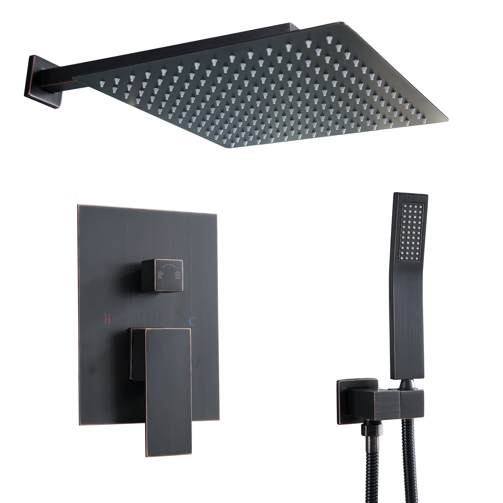 Logmey 10" Wall Mounted Pressure Balancing Dual Shower Rain Shower System with Rough-in Valve and Trim Kit, Oil Rubbed Bronze Stainless Steel Shower Head