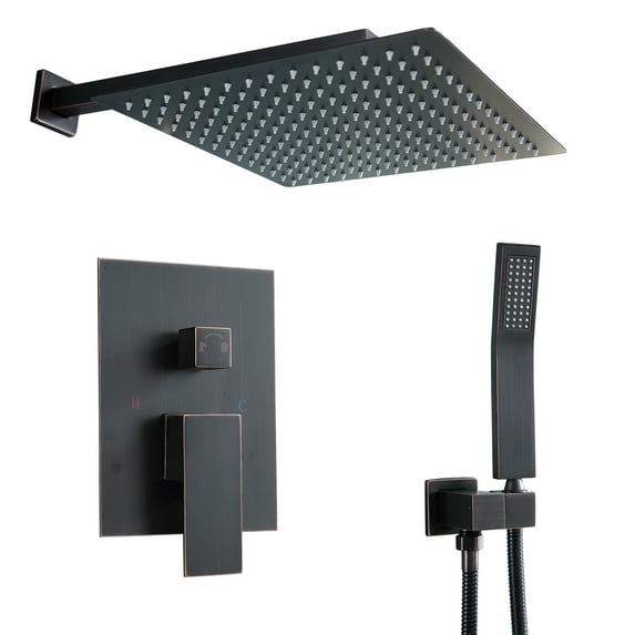 Logmey 10" Wall Mounted Pressure Balancing Dual Shower Rain Shower System with Rough-in Valve and Trim Kit, Oil Rubbed Bronze Stainless Steel Shower Head