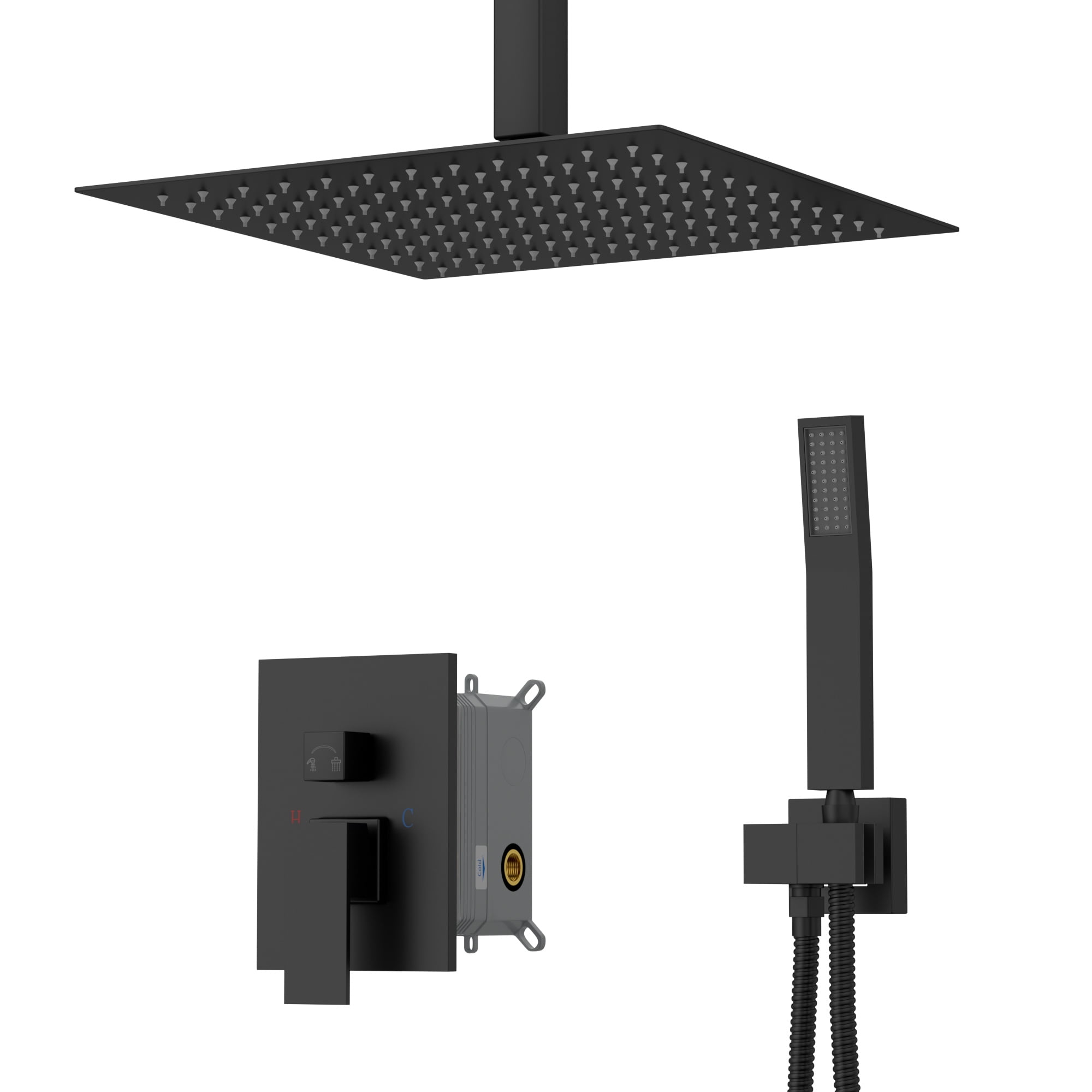 Logmey 12 Inch Ceiling Mounted Matte Black Shower Rain Mixer Shower Combo Set Rainfall Shower