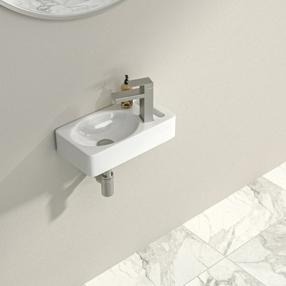 Logmey 15"x8" Porcelain White Bathroom Ceramic Sink Rectangular Wall Mount Sink, Pre-Drilled Faucet Hole