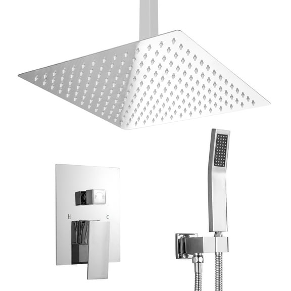 Logmey 16" Pressure Balancing Rain Shower System Rough-in Valve Trim Kit Shower Faucet Set Complete Square Chrome