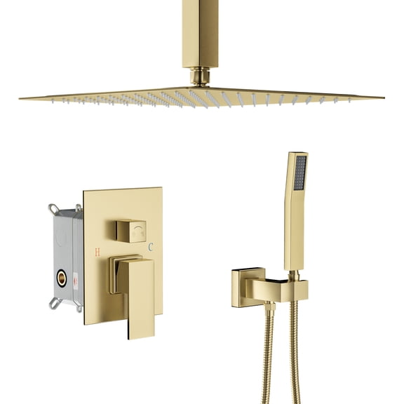 Logmey 16" Pressure Balancing Rain Shower System Rough-in Valve Trim Kit Shower Faucet Set Complete Square Gold