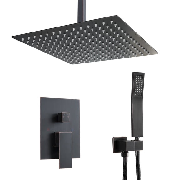 Logmey 16" Pressure Balancing Rain Shower System Rough-in Valve Trim Kit Shower Faucet Set Complete Square Oil Rubbed Bronze