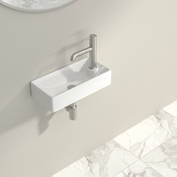 Logmey 17"x8" Porcelain White Bathroom Ceramic Sink Rectangular Wall Mount Sink, Pre-Drilled Faucet Hole