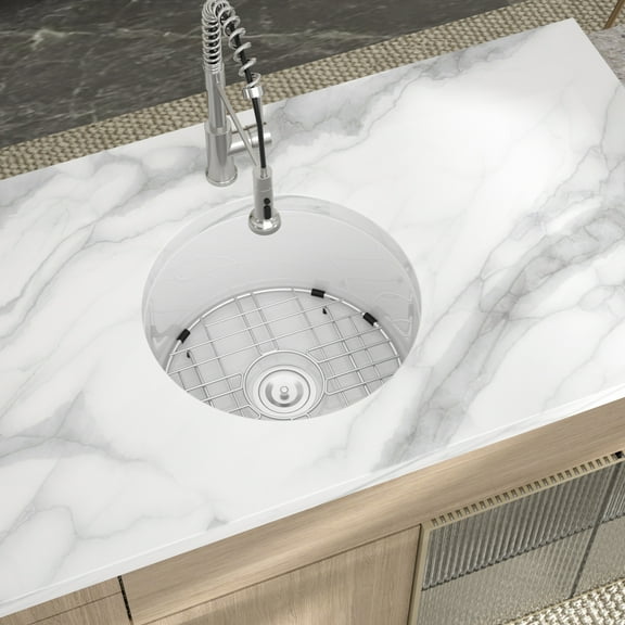 Logmey 18 Inch Round Ceramic Kitchen Sink Porcelain White Undermount Sink with Drainer Assembly, Single Bowl Depth 8-1/3 Inch Sink
