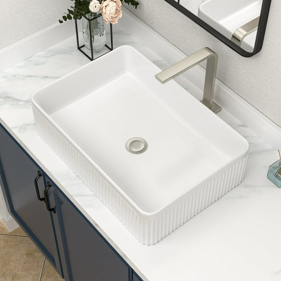 Logmey 19"x13" White Bathroom Vessel Sink Rectangular Ceramic Sink Porcelain Vanity Basin