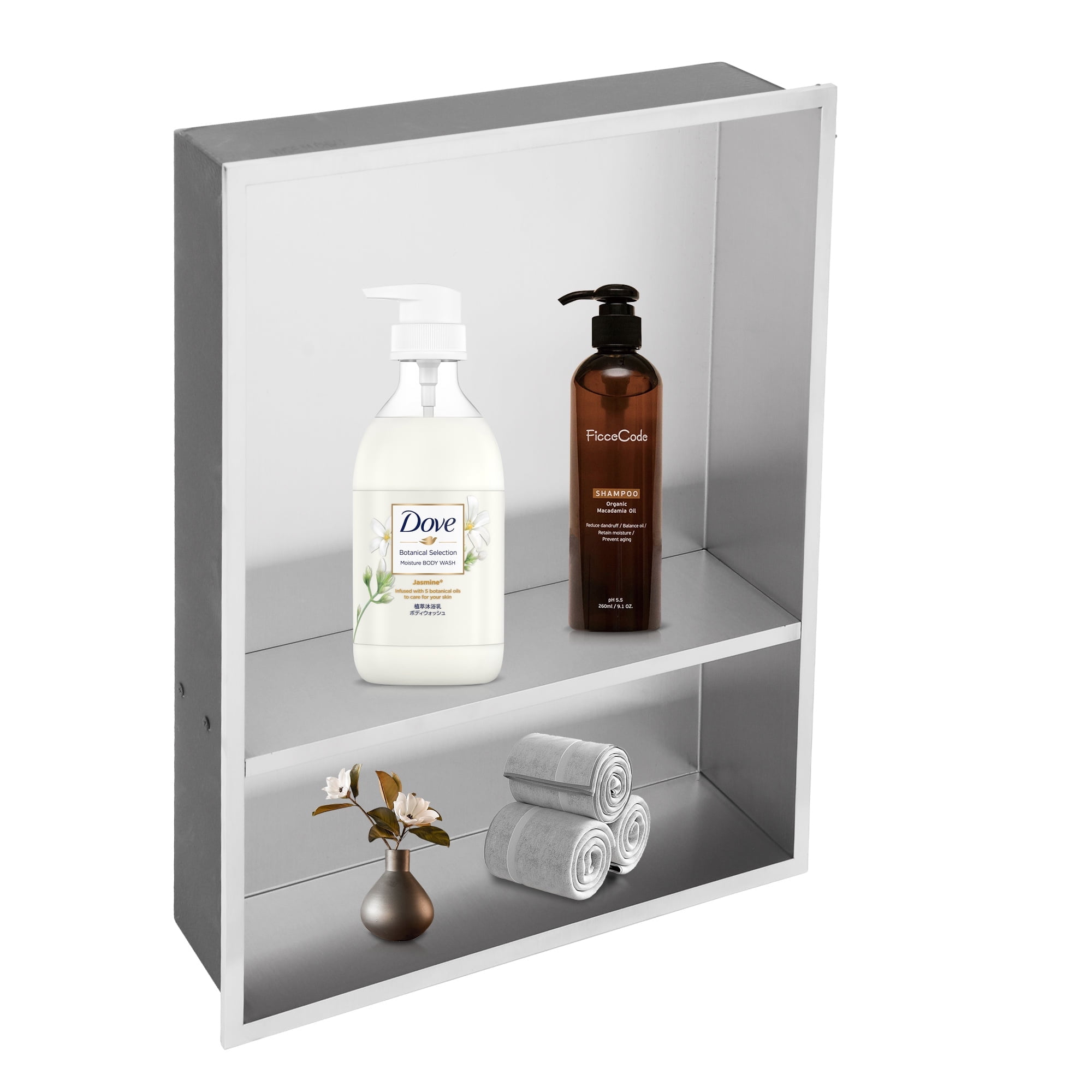 Logmey 21"x17" Wall Mounted Bathroom Shower Niche Two-Tier Shelves Stainless Steel Bathroom Shelves for Living Room,Washroom in Brushed Nickel