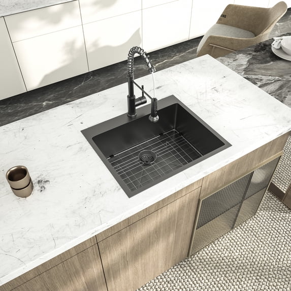 Logmey 25 x 22 x 10 Inch Gunmetal Black Stainless Steel Top Mount Kitchen Sink, Single Bowl, Noise Reduction, Commercial Grade, Rust & Scratch Resistant, Quick Drainage, Includes Accessories
