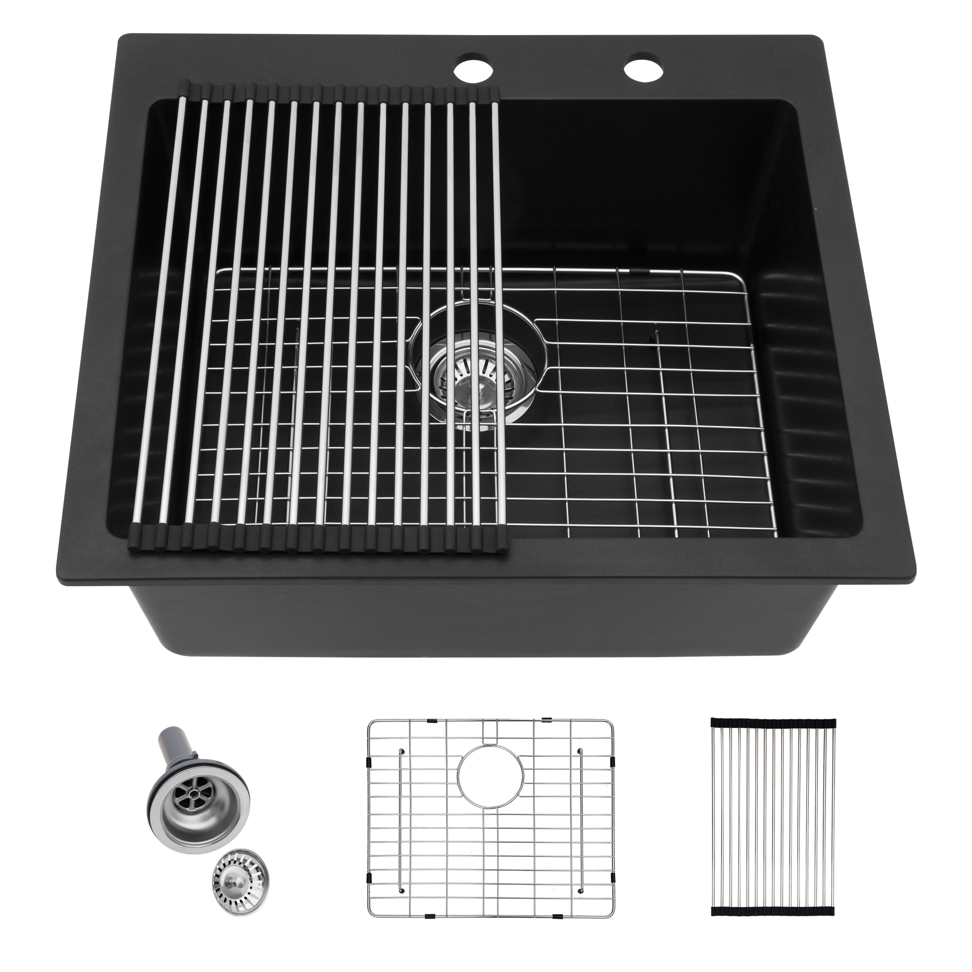 25" x 22" Black Quartz Drop-In Single Bowl Kitchen Sink with Accessories