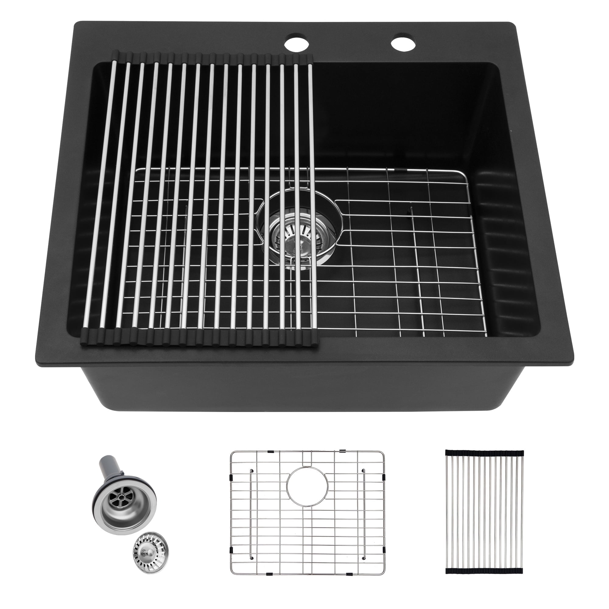 25" x 22" Black Quartz Drop-In Single Bowl Kitchen Sink with Accessories