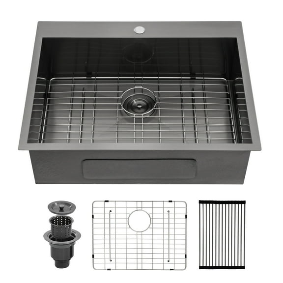 Logmey 28"x22 Drop in Stainless Steel Kitchen Sink Single Bowl Gunmetal Black with Drainer Top-mount  Sinks