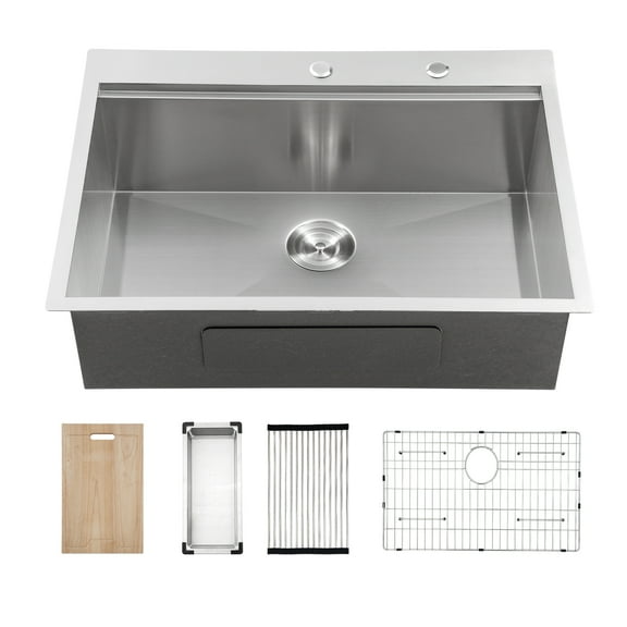 Logmey 30"x22"Kitchen Sink Single Bowl Stainless Steel with Drainer Cutting Board Workstation