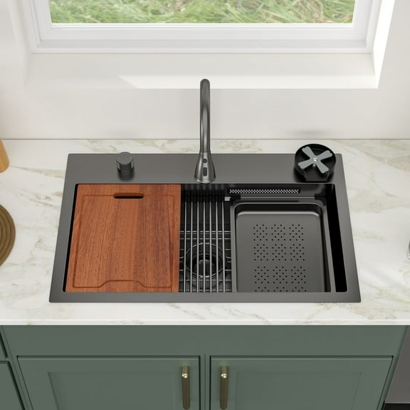 Logmey 31x20 Drop-In/Top mount Single Bowl 16-Gauge Stainless Steel Waterfall Kitchen Sink Gunmetal with Bottom Grid and Faucet, Gunmetal Black Kitchen Sink