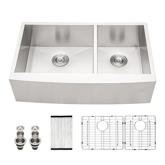 Logmey 32"Lx20"W Double Bowl Farmhouse Kitchen Sink Stainless Steel Sink with Strainer