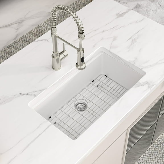 Logmey 32 x 19 Inch Undermount Quartz Composite Workstation Sink Single Bowl Depth 8 Inch White Kitchen Sink