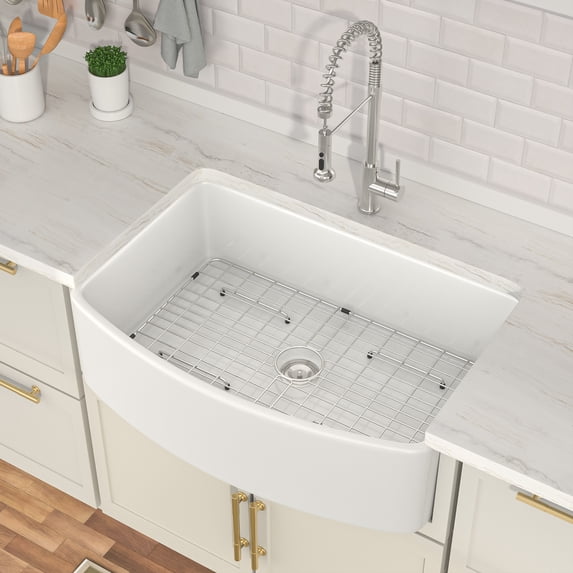 Logmey 33"LX19"W Framhouse Kitchen Sink White Ceramic Apron Front Sinks with Strainer