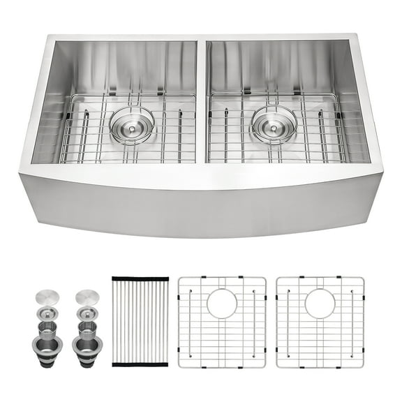 Logmey 33"Lx20"W Double Bowl Farmhouse Kitchen Sink  Stainless Steel Sink with Strainer