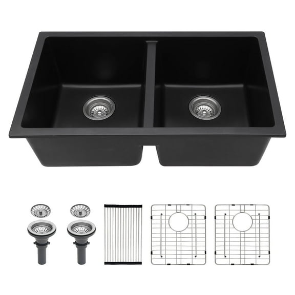 Logmey 33"x19" Black Quartz Composite Kitchen Sink Undermount 50/50 Double Bowl Sink with Drainer Assembly