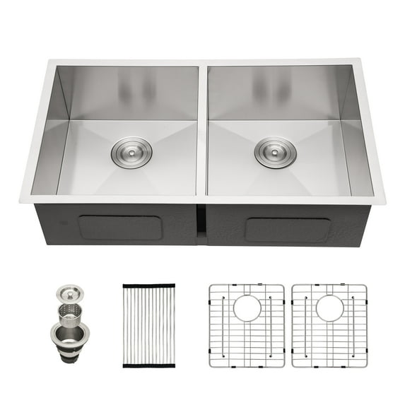 Logmey 33"x19" Undermount Kitchen Sink Double Bowl 50/50 Stainless Steel Sink Brushed Nickel