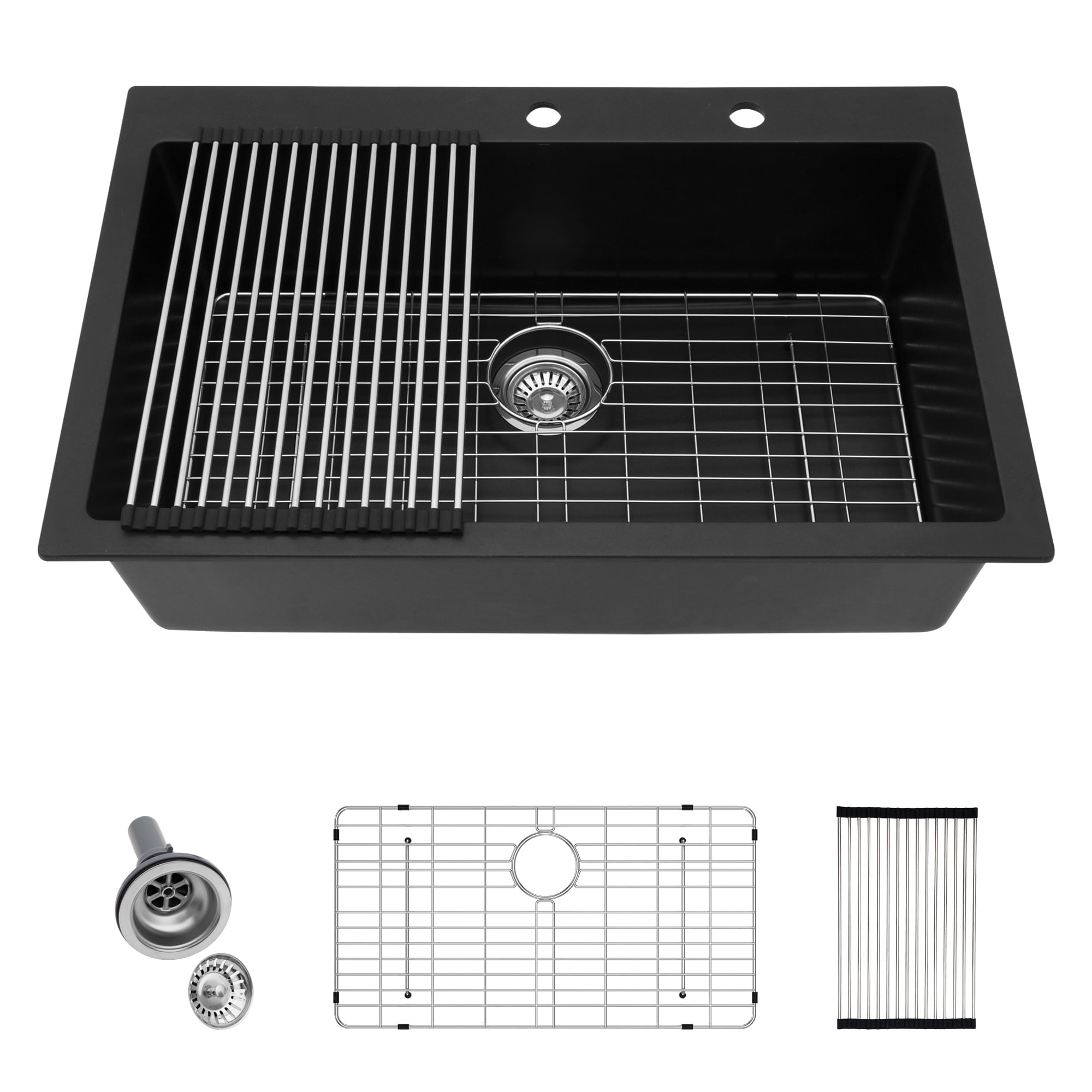 33" Black Quartz Drop-In Single Bowl Kitchen Sink with Accessories