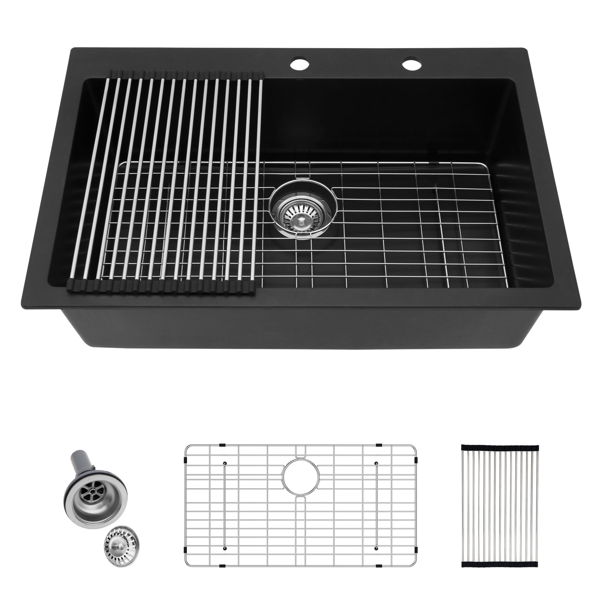 33" Black Quartz Drop-In Single Bowl Kitchen Sink with Accessories