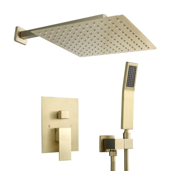 Logmey 10" Wall Mounted Pressure Balancing Dual Shower Rain Shower System with Rough-in Valve and Trim Kit, Gold Stainless Steel Shower Head
