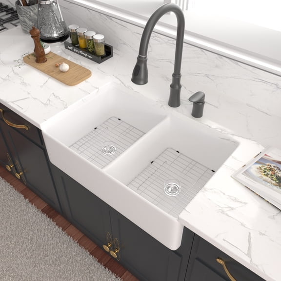 Logmey LM-AW32209R2 White Ceramic 32 x 20 in Double Bowl Sink