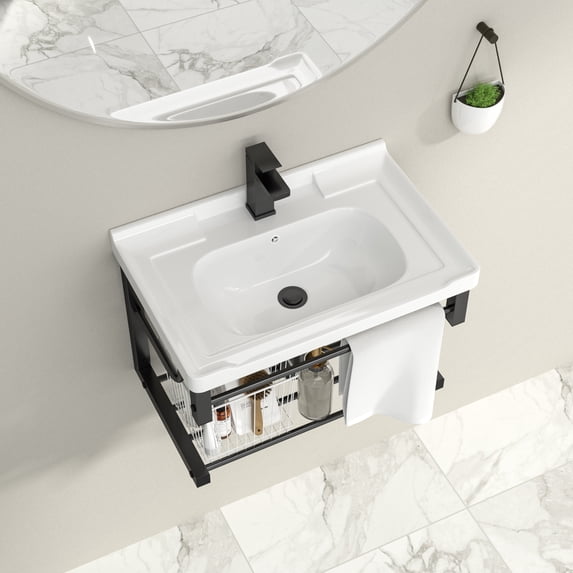 Logmey Modern Wall Mounted Bathroom Ceramic Vessel Sink, with Towel Rack, Sinks for Small Bathrooms Wall Hung Sink, White Rectangular One Hole Lavatory Vanity Bathroom Porcelain Sink with Overflow