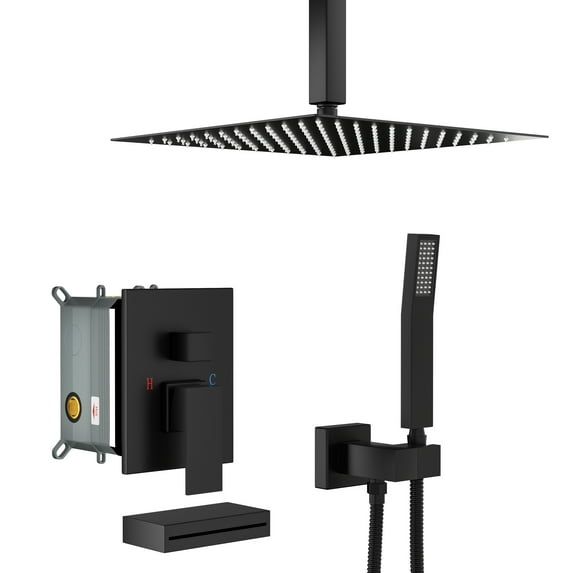 Logmey Shower System - Waterfall Tub Spout Shower Faucet Set with 12 Inch Rain Shower Head Wall Mounted Shower Set Black with Contain Rough-in Valve Body and Trim