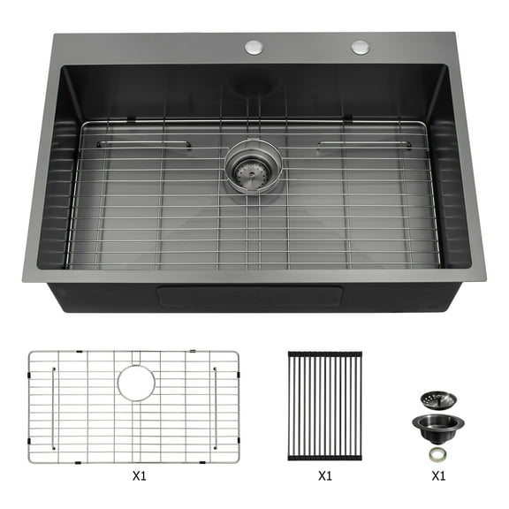 Logmey Stainless Steel Drop In Kitchen Sink 33x22 Inch Topmount Gunmetal Black Kitchen Sink with 2 Faucet Holes