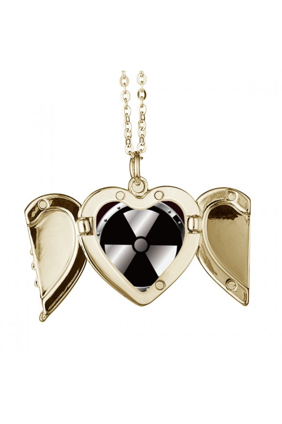 Logo Black Background Radioactive Substances Warning Folded Wings Peach Heart Pendant Necklace
