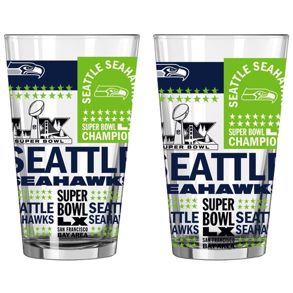 Logo Brands Seattle Seahawks Super Bowl LX Champions 2-Pack 16oz. Roster Pint Glass Set