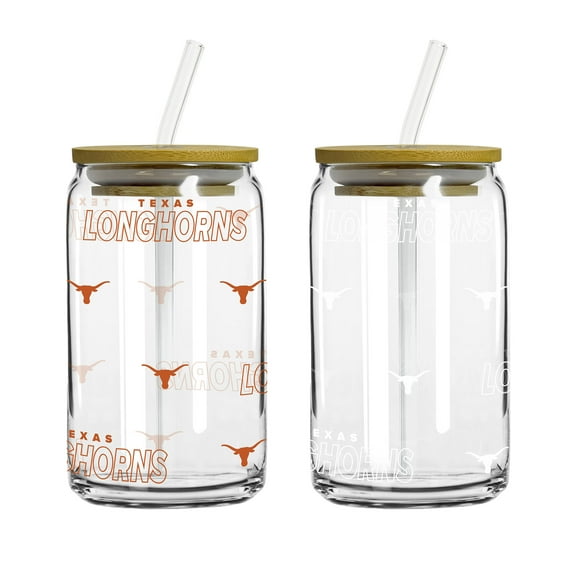 Logo Brands Texas Longhorns 16oz. Step And Repeat Glass Can with Lid & Straw 2-Pack