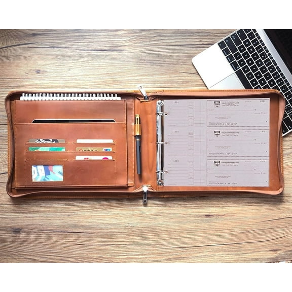 Logo Name Engraved 3 Ring Check Binder, Genuine Leather Check Book Portfolio for 3 Ring Binder, or 9 Ring Binder, Pilot Log Book Binder, Leather Journal for 11 1/4"x9"