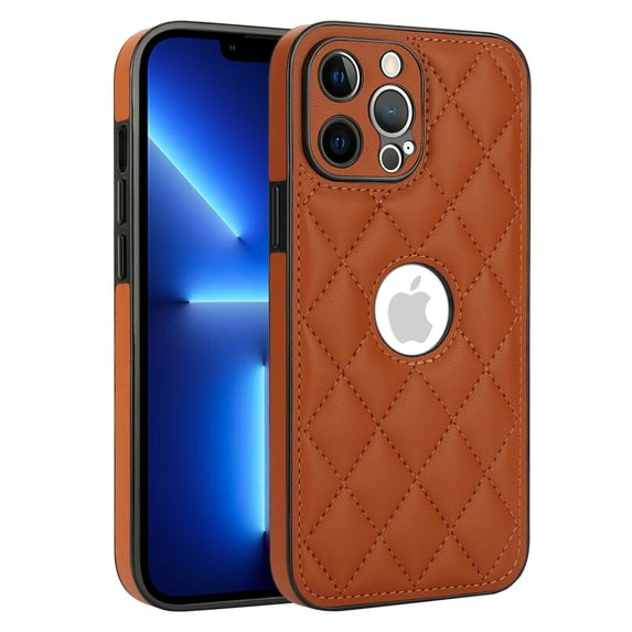 Logo View Design Compatible with iPhone 12 Pro Max Phone Case Luxury Diamond Plaid PU Leather Vintage Slim Non-Slip Soft Grip Shockproof Anti-fall Heavy Duty Protective Case Cover,Brown