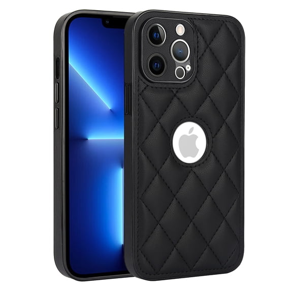 Logo View Design Compatible with iPhone 12 Pro Phone Case Luxury Diamond Plaid PU Leather Vintage Slim Non-Slip Soft Grip Shockproof Anti-fall Heavy Duty Protective Case Cover,Black