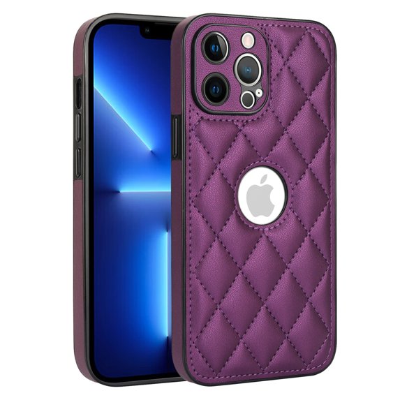 Logo View Design Compatible with iPhone 13 Pro Phone Case Luxury Diamond Plaid PU Leather Vintage Slim Non-Slip Soft Grip Shockproof Anti-fall Heavy Duty Protective Case Cover,Deeppurple