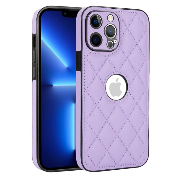 Logo View Design Compatible with iPhone 13 Pro Phone Case Luxury Diamond Plaid PU Leather Vintage Slim Non-Slip Soft Grip Shockproof Anti-fall Heavy Duty Protective Case Cover,Violet