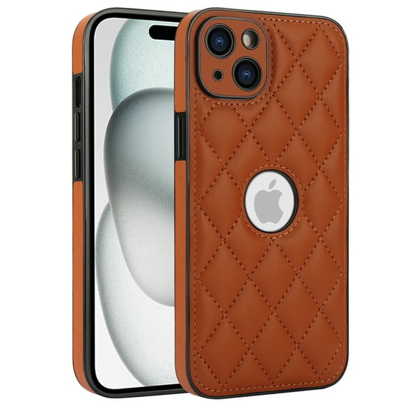 Logo View Design Compatible with iPhone 14 Plus Phone Case Luxury Diamond Plaid PU Leather Vintage Slim Non-Slip Soft Grip Shockproof Anti-fall Heavy Duty Protective Case Cover,Brown