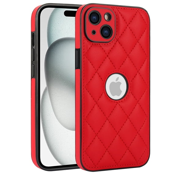 Logo View Design Compatible with iPhone 15 Phone Case Luxury Diamond Plaid PU Leather Vintage Slim Non-Slip Soft Grip Shockproof Anti-fall Heavy Duty Protective Case Cover,Red