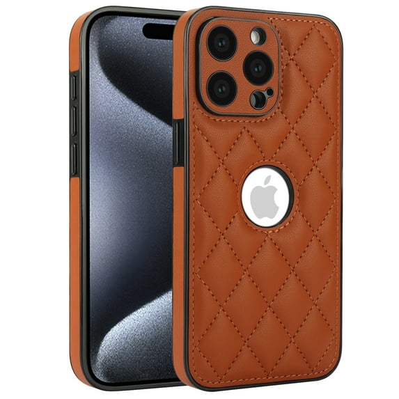 Logo View Design Compatible with iPhone 15 Pro Max Phone Case Luxury Diamond Plaid PU Leather Vintage Slim Non-Slip Soft Grip Shockproof Anti-fall Heavy Duty Protective Case Cover,Brown