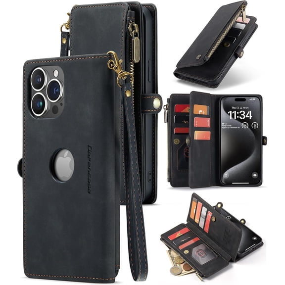 Logo View for iPhone 15 Pro Max Case Wallet RFID Blocking with Card Holder Slots for Women Men PU Leather Flip Strap Zipper Pocket Protective Phone Case for iPhone 15 Pro Max 6.7", Black
