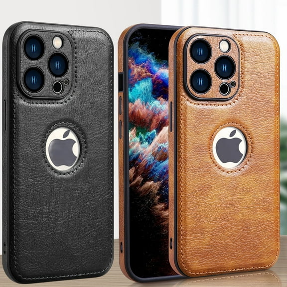 Logo View for iPhone 16 Pro Max Case, Slim Premium Vegan Faux Leather Classic Luxury Elegant Thin Cover, Shockproof Full Protection - 6.9 inch (Brown)