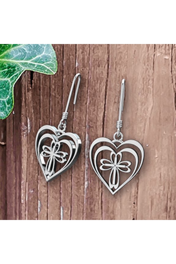 Logos Jewelry - Radiant Heart with Cross, Sterling Silver Earrings